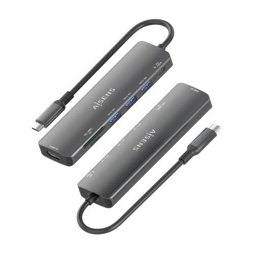 AISENS USB-C Dock 7 en 1, USB-C A, 1x HDMI, 3x USB-A, 1x USB-C PD 100W, 1x SD, 1x MicroSD, Gris, 15cm