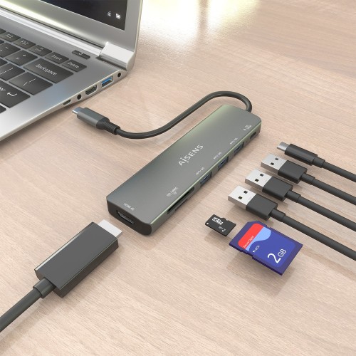 AISENS USB-C Dock 7 en 1, USB-C A, 1x HDMI, 3x USB-A, 1x USB-C PD 100W, 1x SD, 1x MicroSD, Gris, 15cm