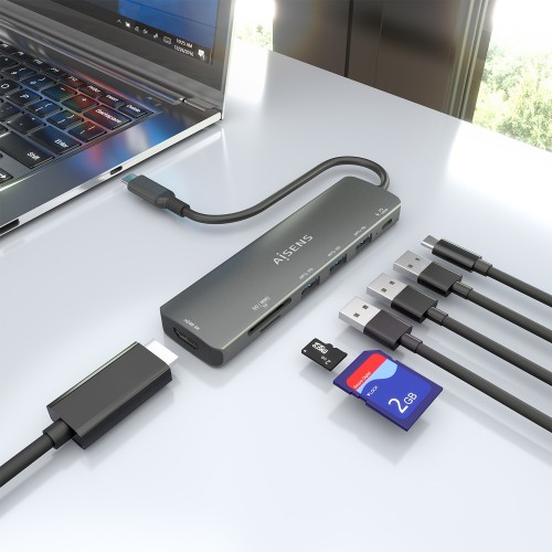AISENS USB-C Dock 7 en 1, USB-C A, 1x HDMI, 3x USB-A, 1x USB-C PD 100W, 1x SD, 1x MicroSD, Gris, 15cm