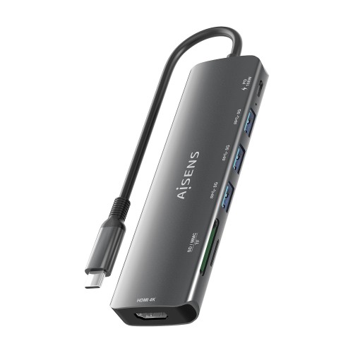 AISENS USB-C Dock 7 en 1, USB-C A, 1x HDMI, 3x USB-A, 1x USB-C PD 100W, 1x SD, 1x MicroSD, Gris, 15cm