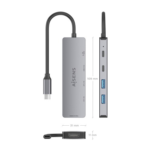 AISENS USB-C Dock 5 en 1, USB-C a 1xHDMI 2xUSB-A 1xUSB-C 1xUSB-C PD, Gris, 15cm